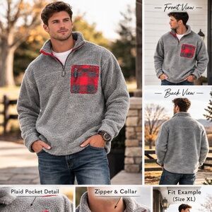 Natural Reflections Gray Zip-Up Sweater with Red Plaid Pocket